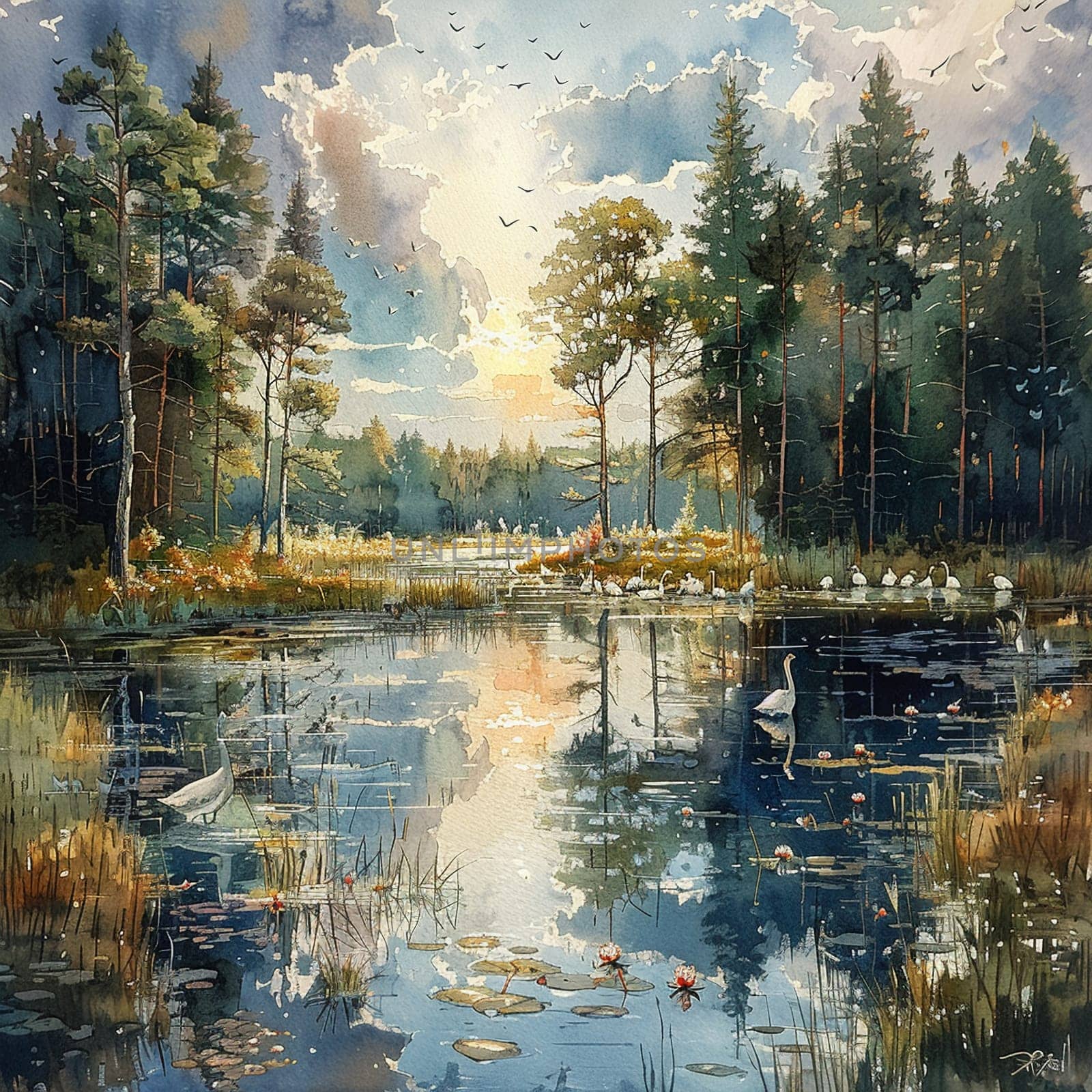 Watercolor painting of serene pond with wildlife gathering to drink, symbolizing World Wildlife Day.