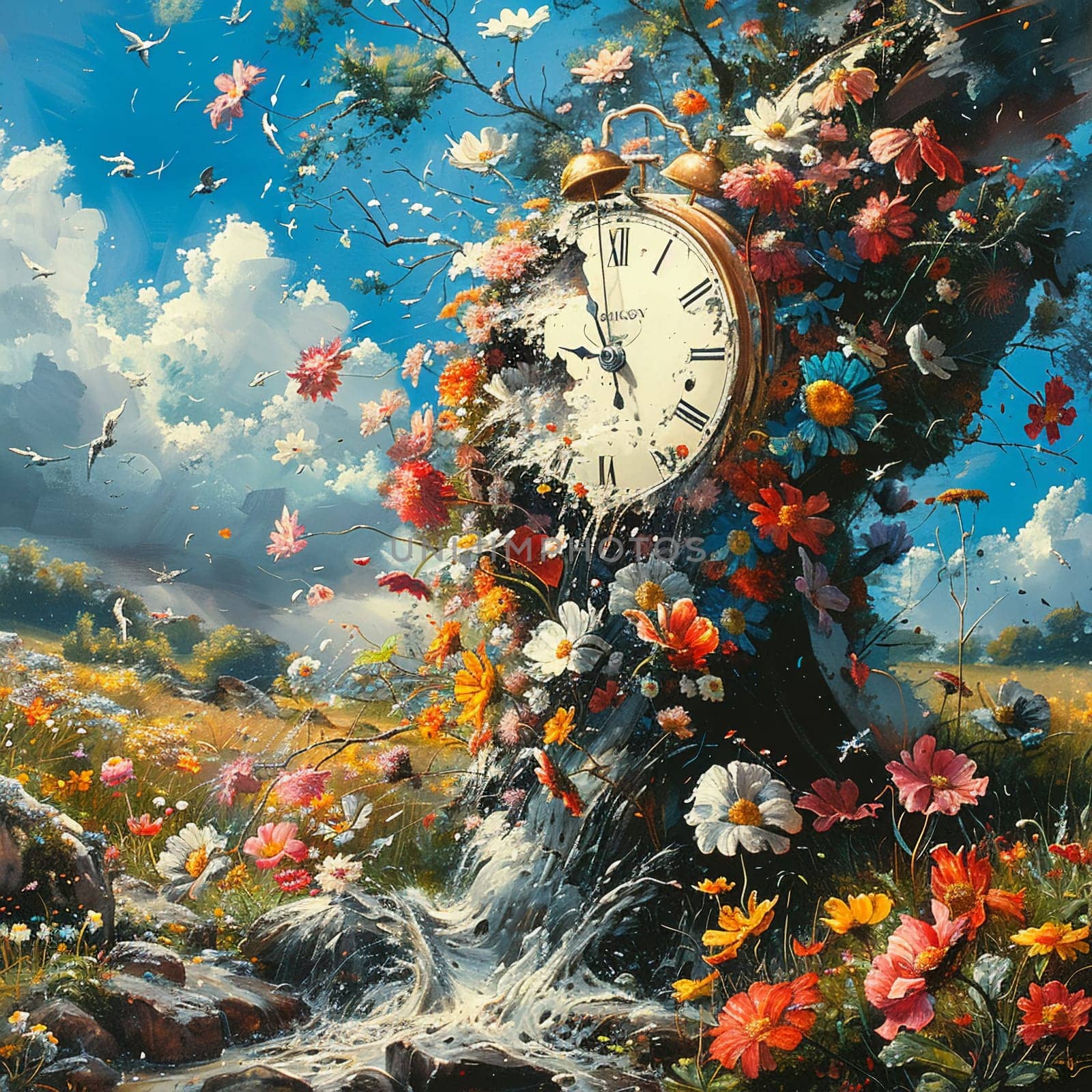 Surrealist painting of melting clock surrounded by spring flowers for change to daylight savings on Palm Sunday. by Benzoix