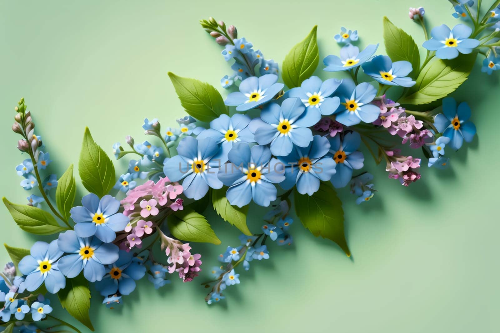 Bouquet of colorful bright flowers forget-me-not , isolated on a blue background.