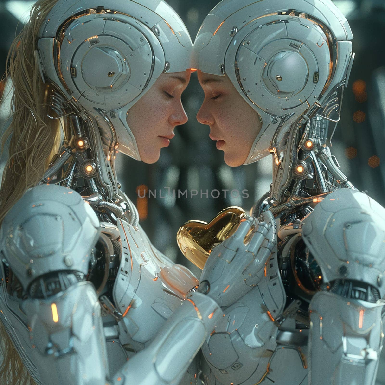 Sci-fi interpretation of White Day celebration with androids exchanging heart-shaped metallic tokens