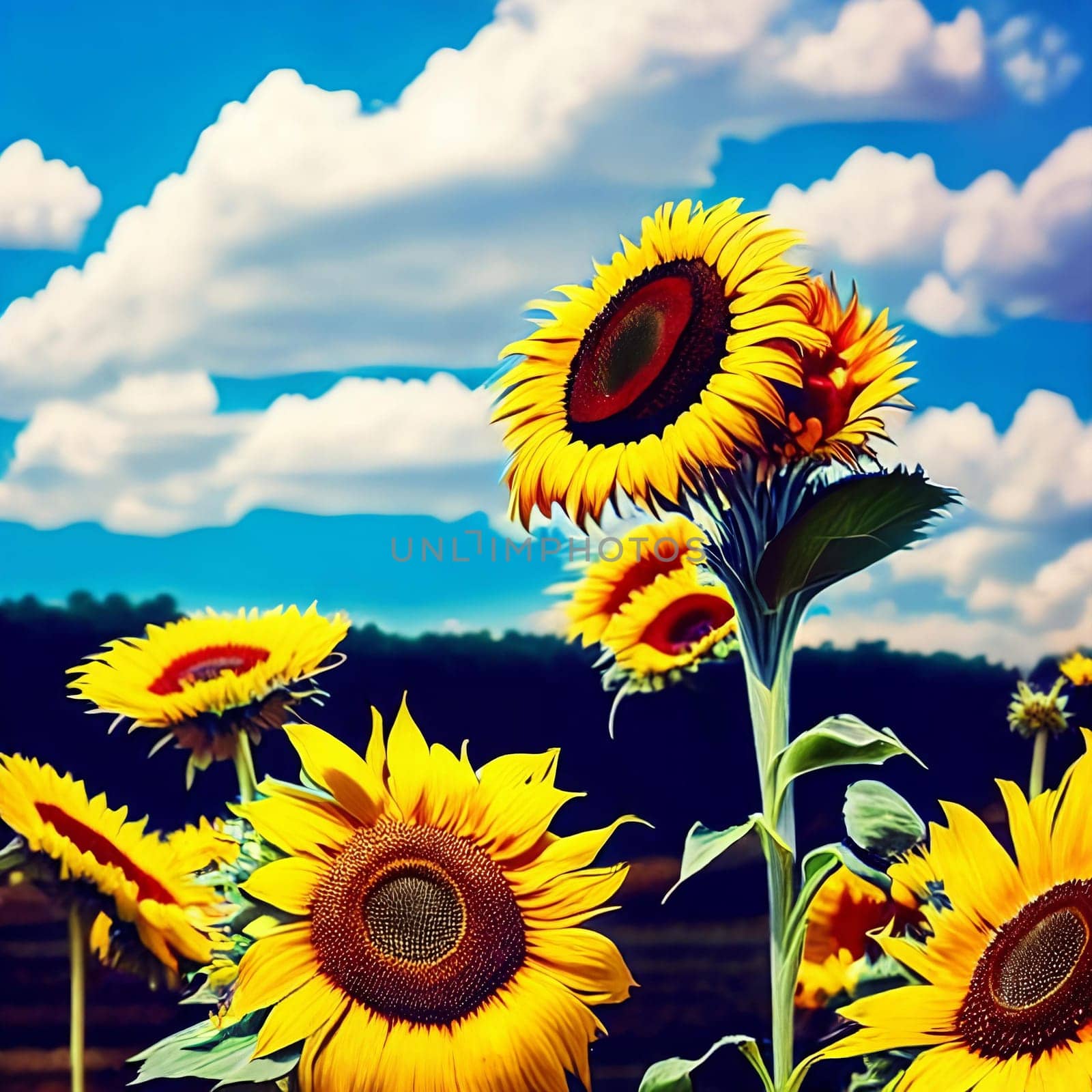 Captivating summer backdrop with a mix of sunflowers and daisies set against a clear blue sky.