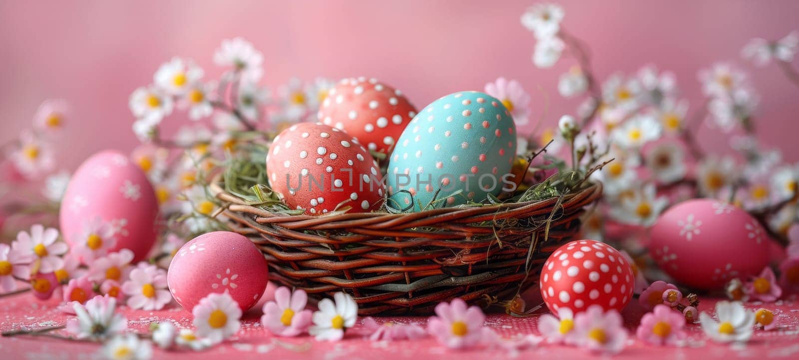 Easter holiday celebration banner greeting card banner with easter eggs and flowers on a pink background.