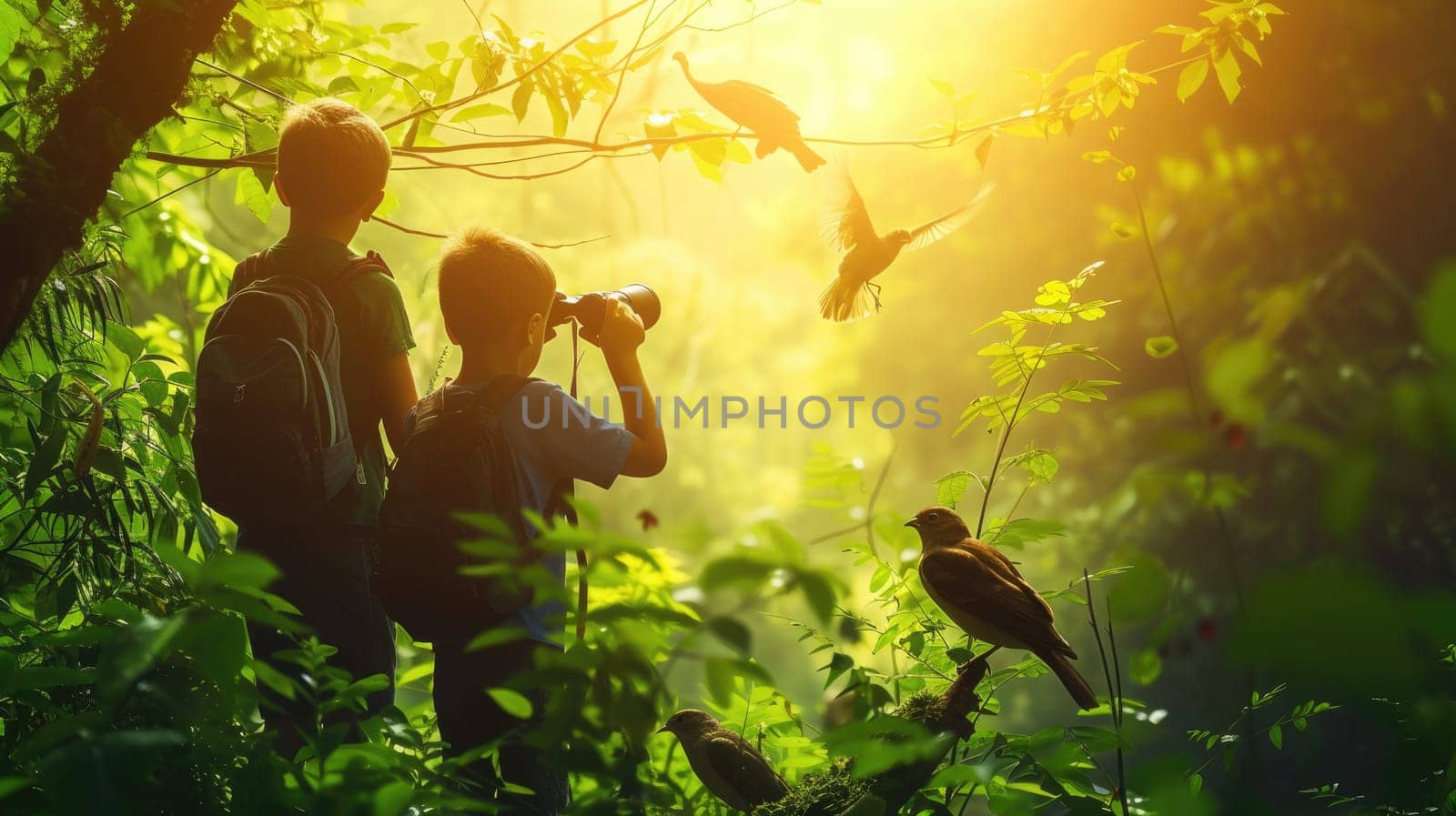 young explorers use binoculars to observe a colorful bird, immersed in the vibrant foliage of a dense forest. AIG41
