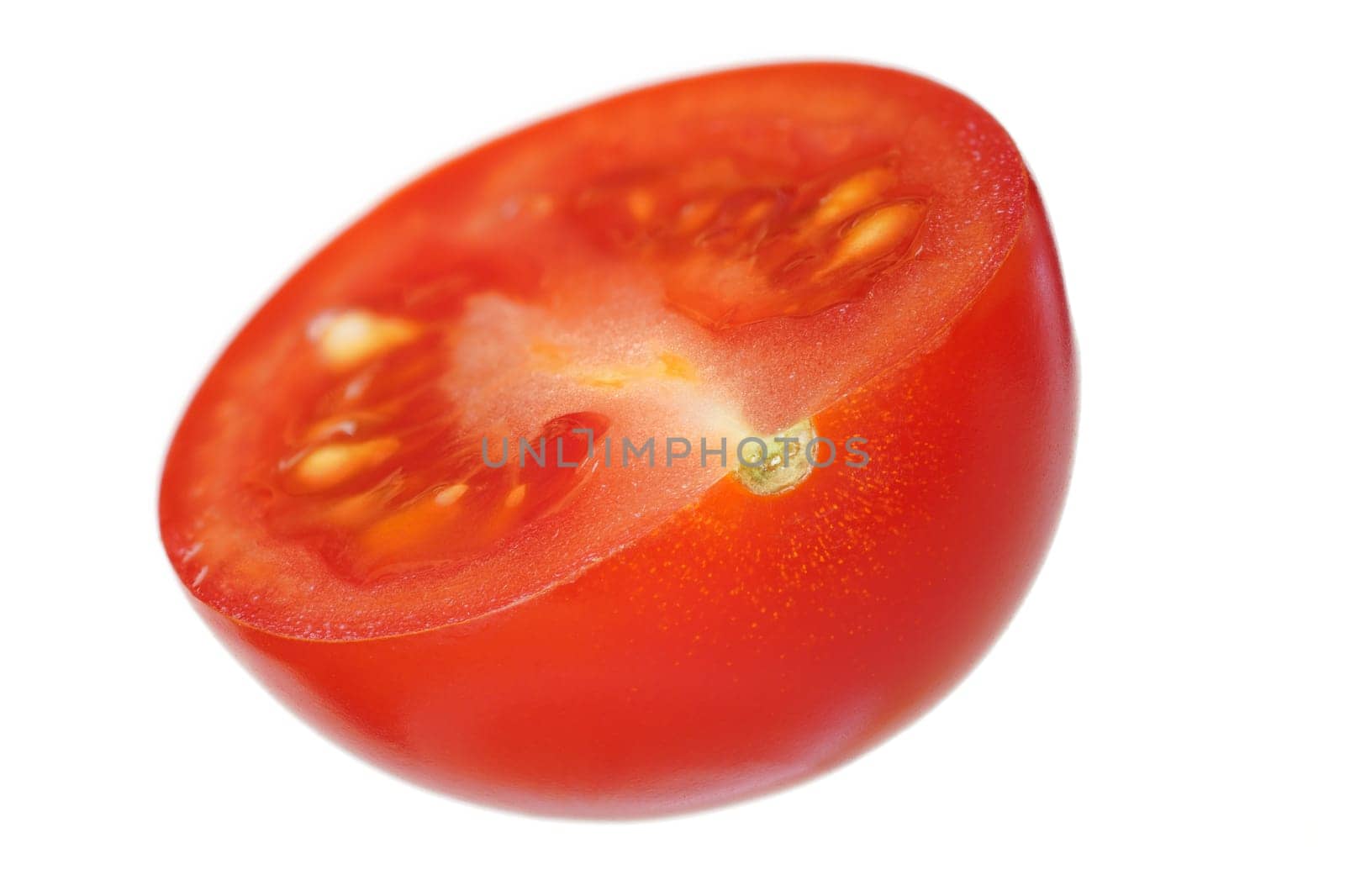 Single red cherry tomato half, isolated on white background by Ivanko