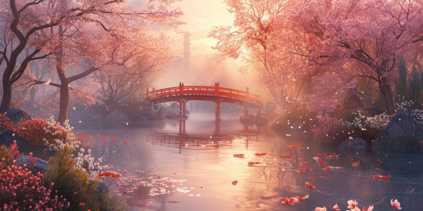 A serene Zen garden at sunrise, with a gently flowing stream, cherry blossoms in full bloom, and a quaint wooden bridge. Resplendent.