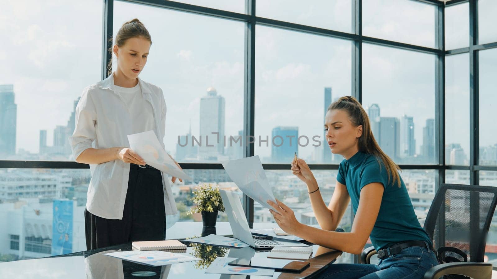 Smart businesswoman present start up project while executive manager listen carefully. Professional business team working together, sharing, discussing, thinking about business idea. Tracery