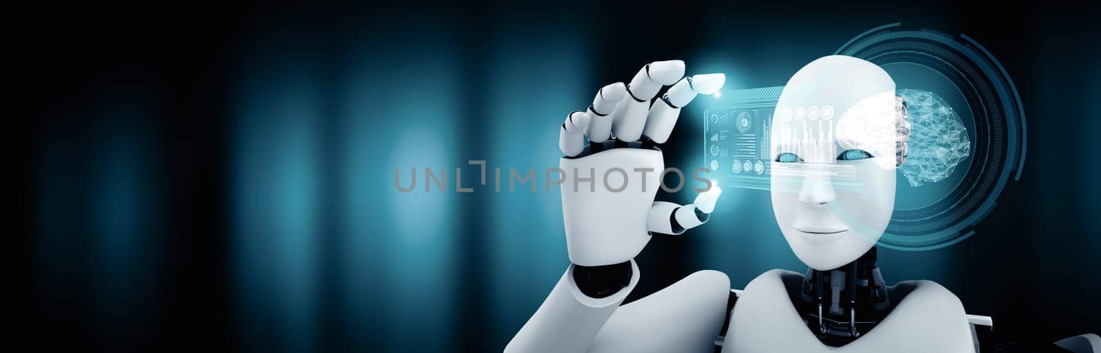 XAI 3d illustration Robot humanoid hold HUD hologram screen in concept of AI thinking brain, artificial intelligence and machine learning process for the 4th fourth industrial revolution. 3D illustration.