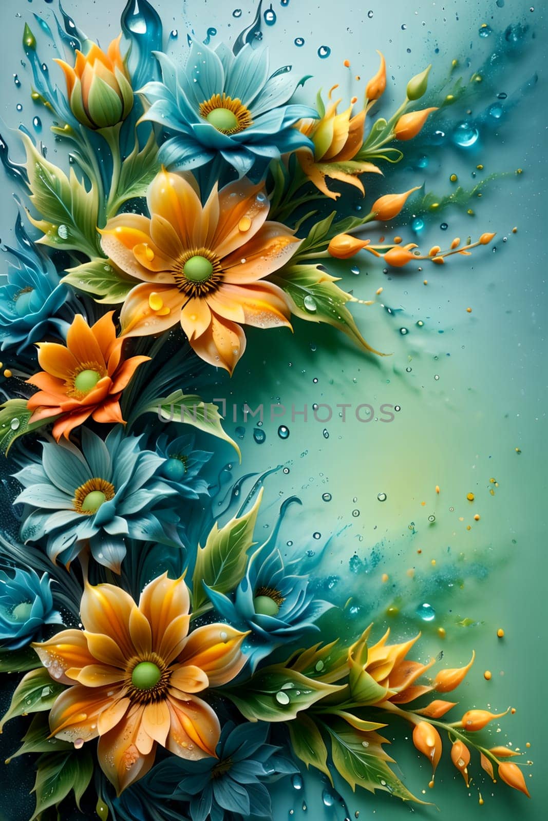 Bouquet of colorful bright flowers, isolated on a blue background.