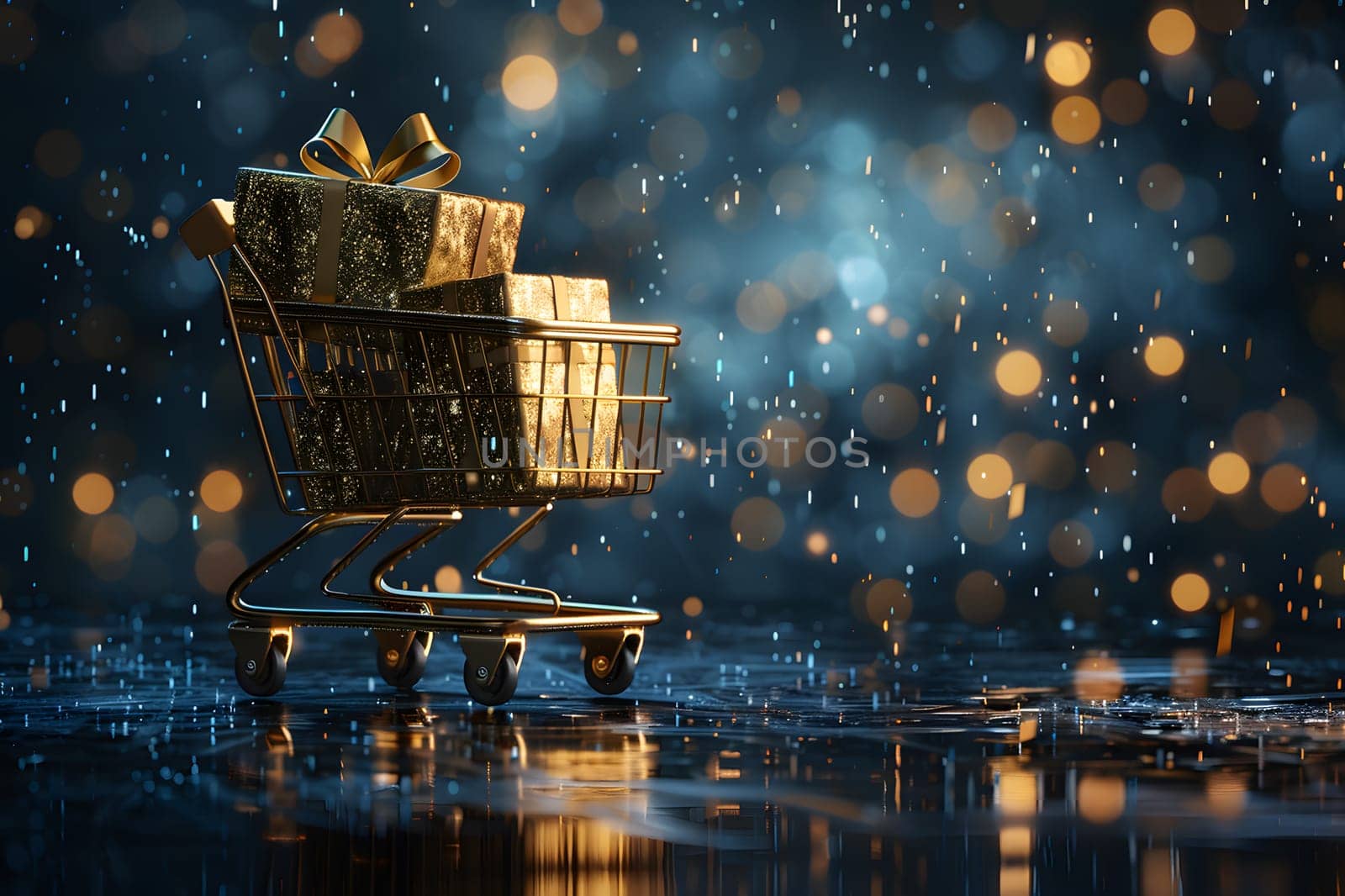 At midnight, a shopping cart filled with gifts sits on a wet surface in the city. Tower blocks loom in the darkness, creating a mysterious cityscape. The art of entertainment is present in this event