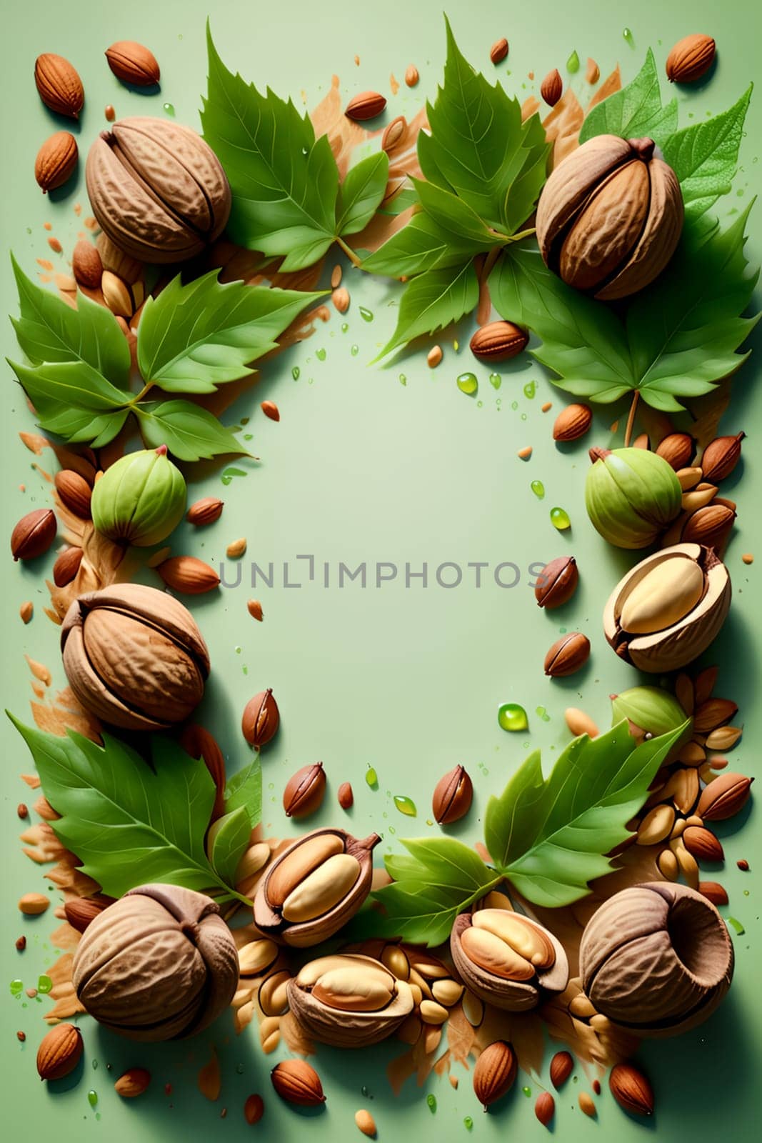 Hazelnuts with foliage isolated on green background, frame