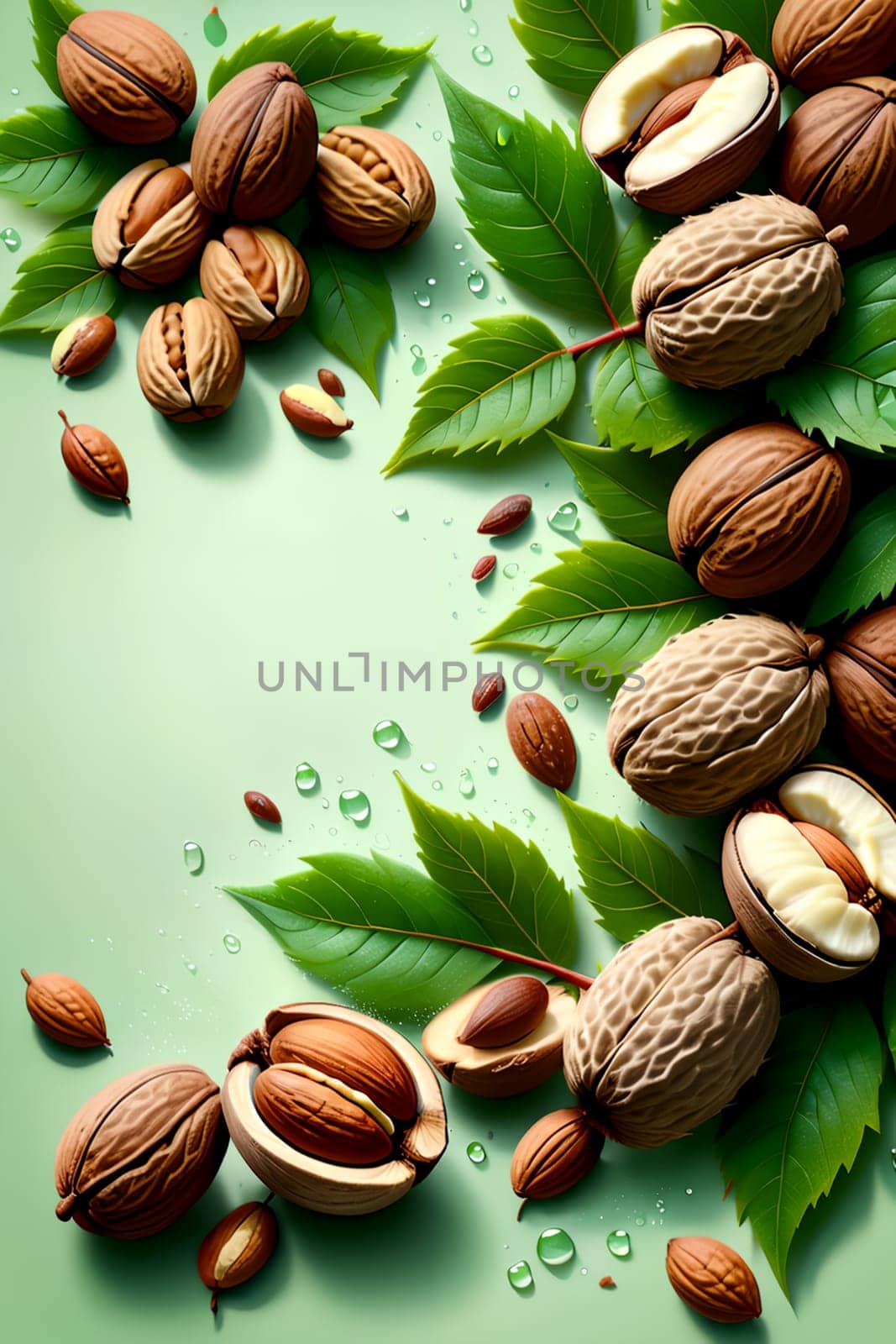 Hazelnuts with foliage isolated on green background, frame