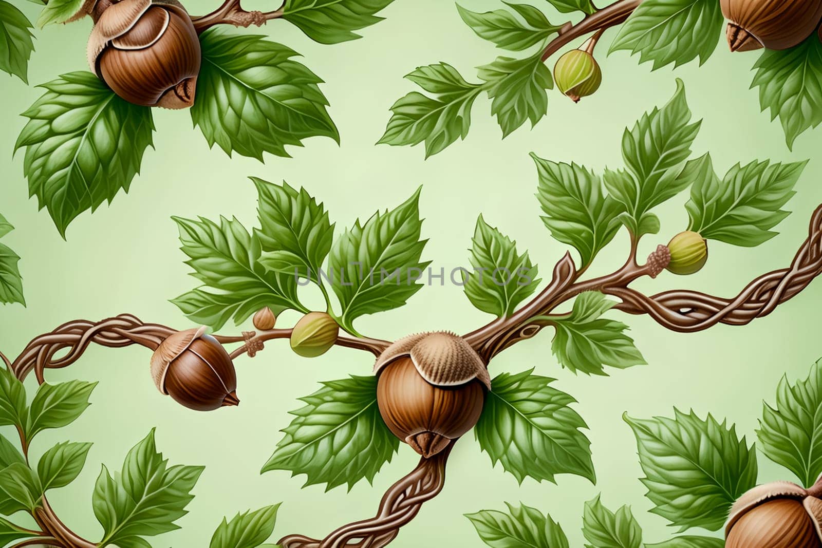 Hazelnuts with foliage isolated on green background, frame