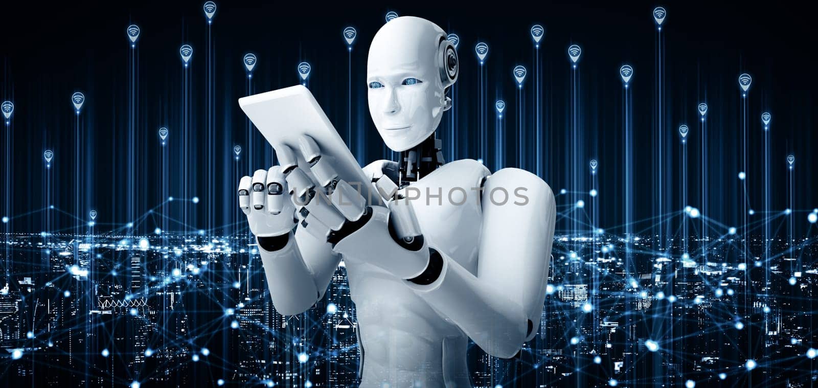 XAI 3d illustration Robot humanoid use mobile phone or tablet for global network connection using AI thinking brain , artificial intelligence and machine learning process for 4th industrial revolution. 3D illustration.