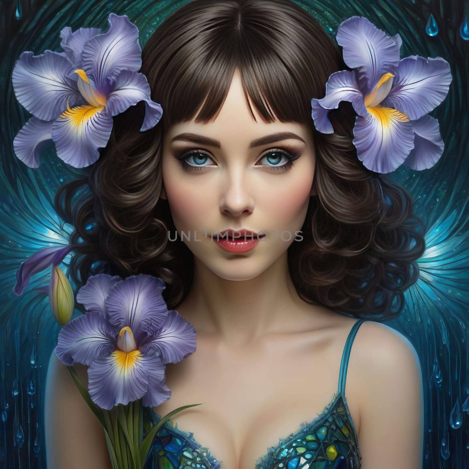 Girl with striking blue eyes adorned with flowers in her hair. For fashion magazine, blog, botanical website, beauty product advertisement, inspirational, motivational poster, social media profile