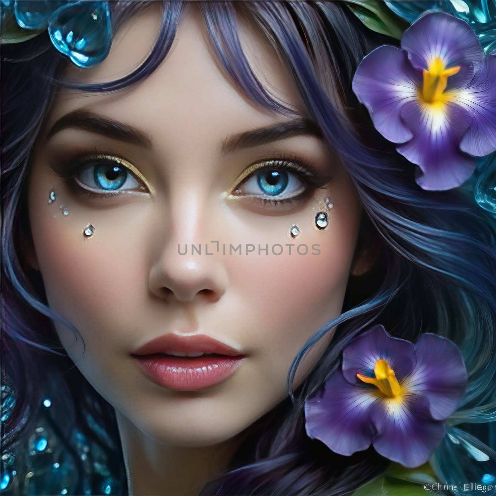 Girl with striking blue eyes, flowers adorning her hair. For fashion magazine, botanical illustration website, beauty product advertisement, inspirational, motivational poster, social media profile