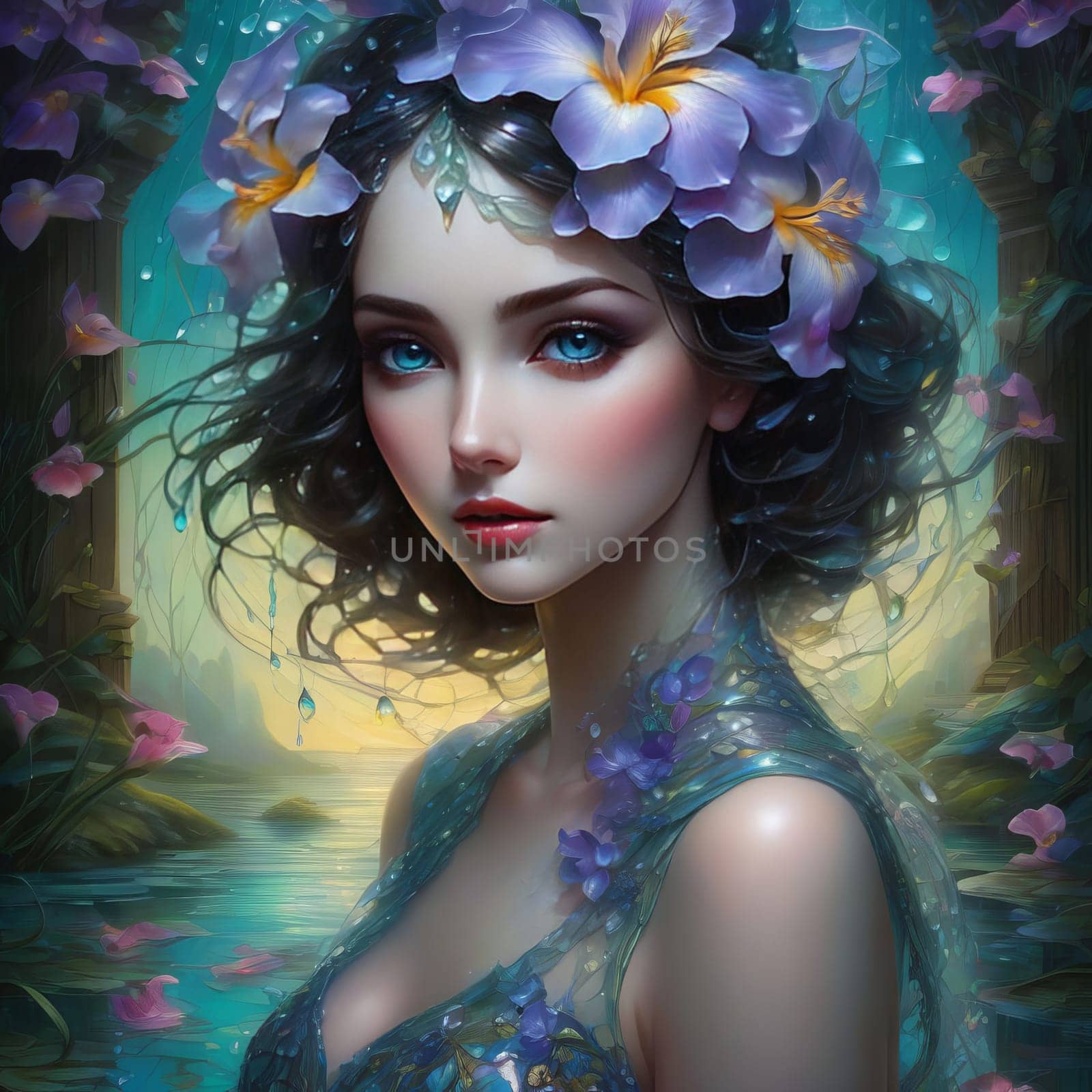 Serene girl adorned with flowers in her hair, reflecting beauty, tranquility. For fashion magazine, blog, botanical website, beauty product, inspirational, motivational poster, social media profile