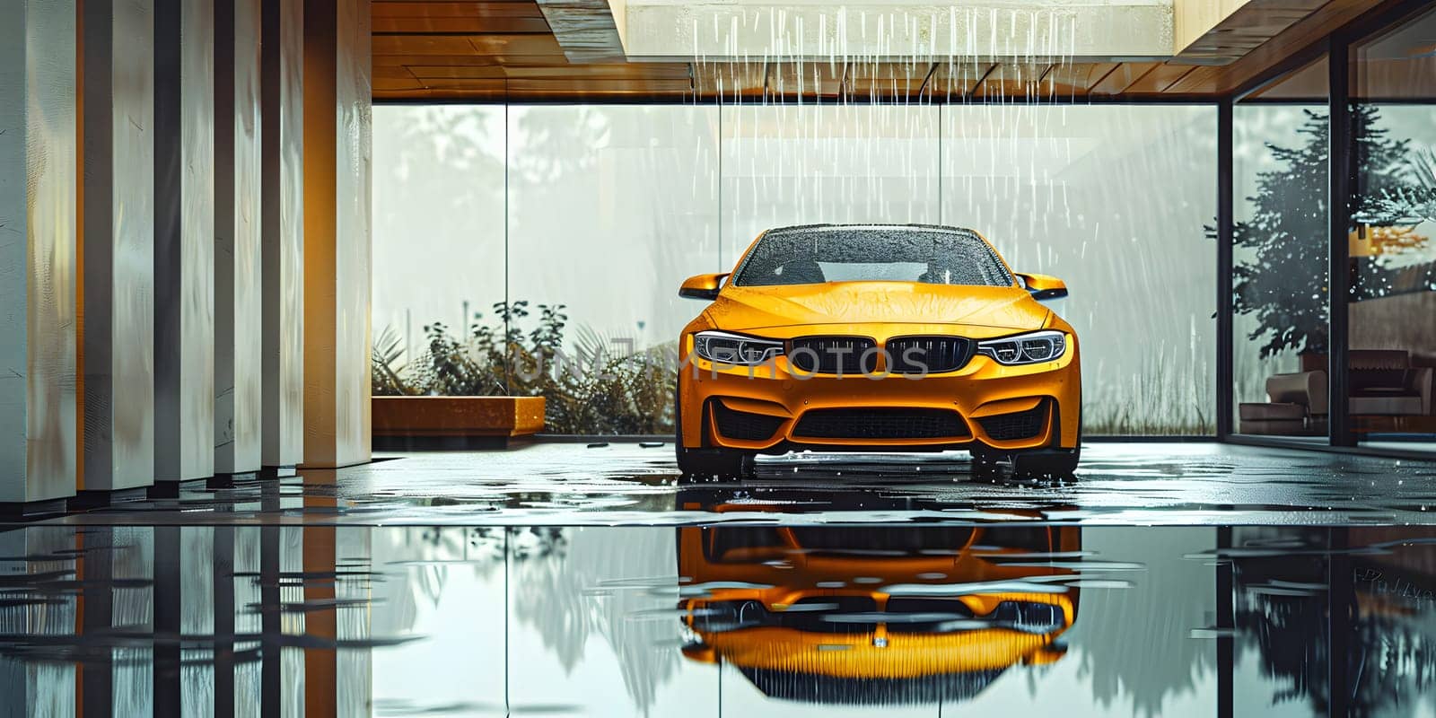A sleek yellow BMW M4 is parked in a garage, with its shiny automotive lighting and stylish grille standing out. The vehicles tires, wheels, and hood are all perfectly designed