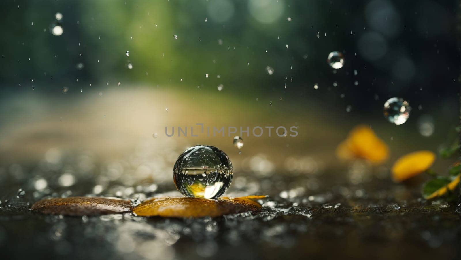 Photograph of falling raindrops. AI generated