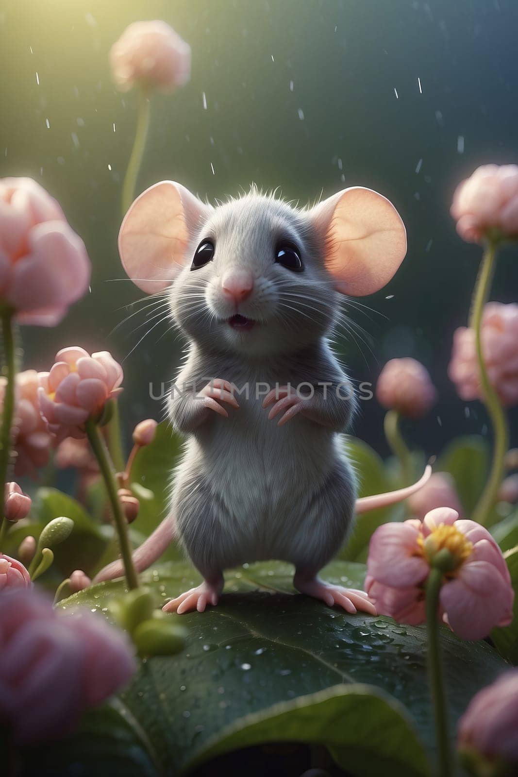 Cute little mouse standing under a flower by applesstock