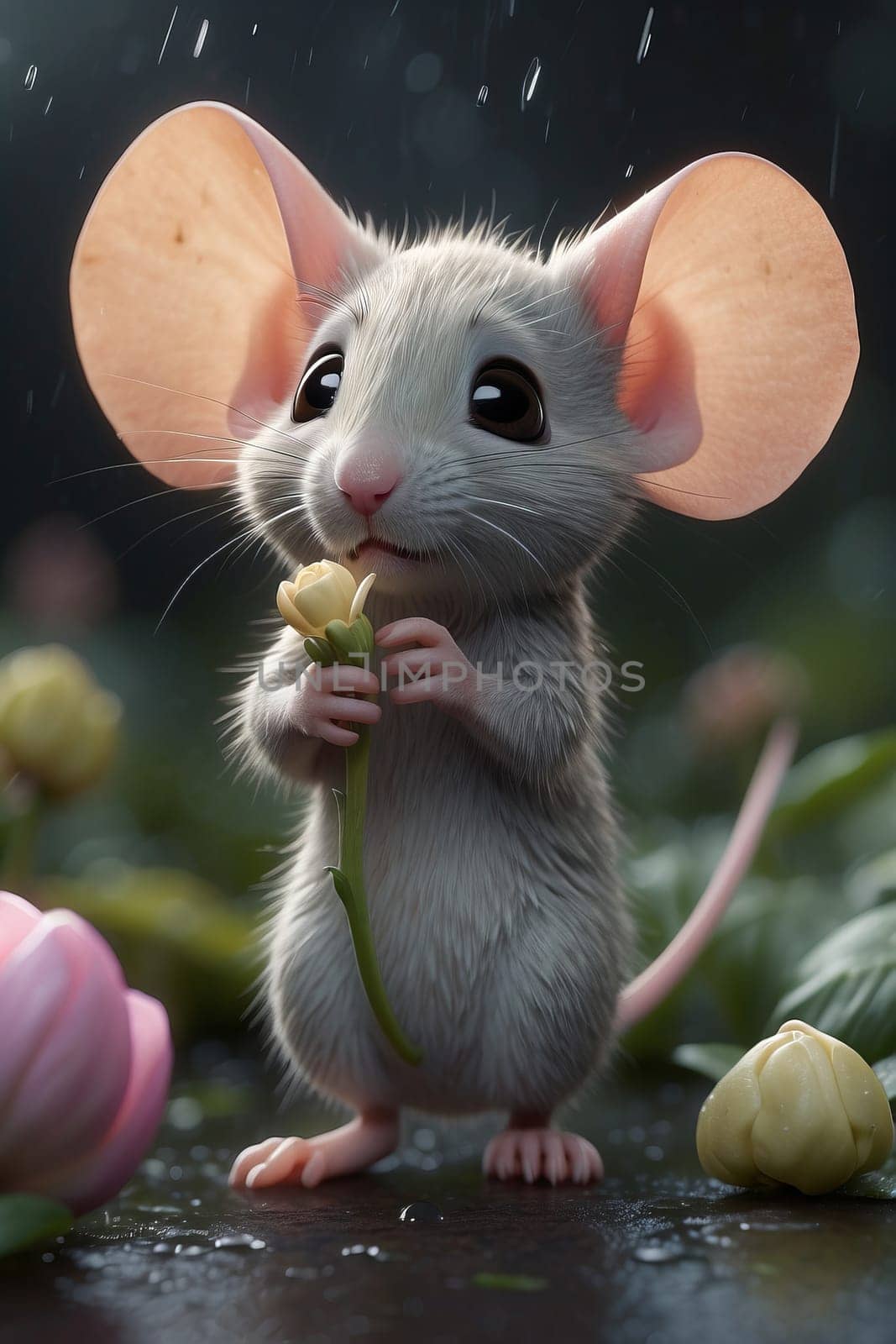 Cute little mouse standing under a flower by applesstock