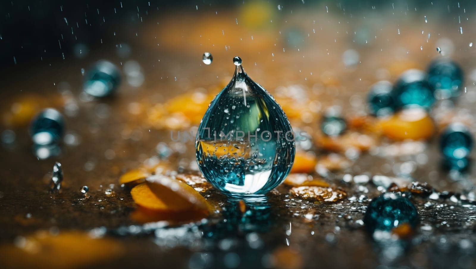 Photograph of falling raindrops. AI generated