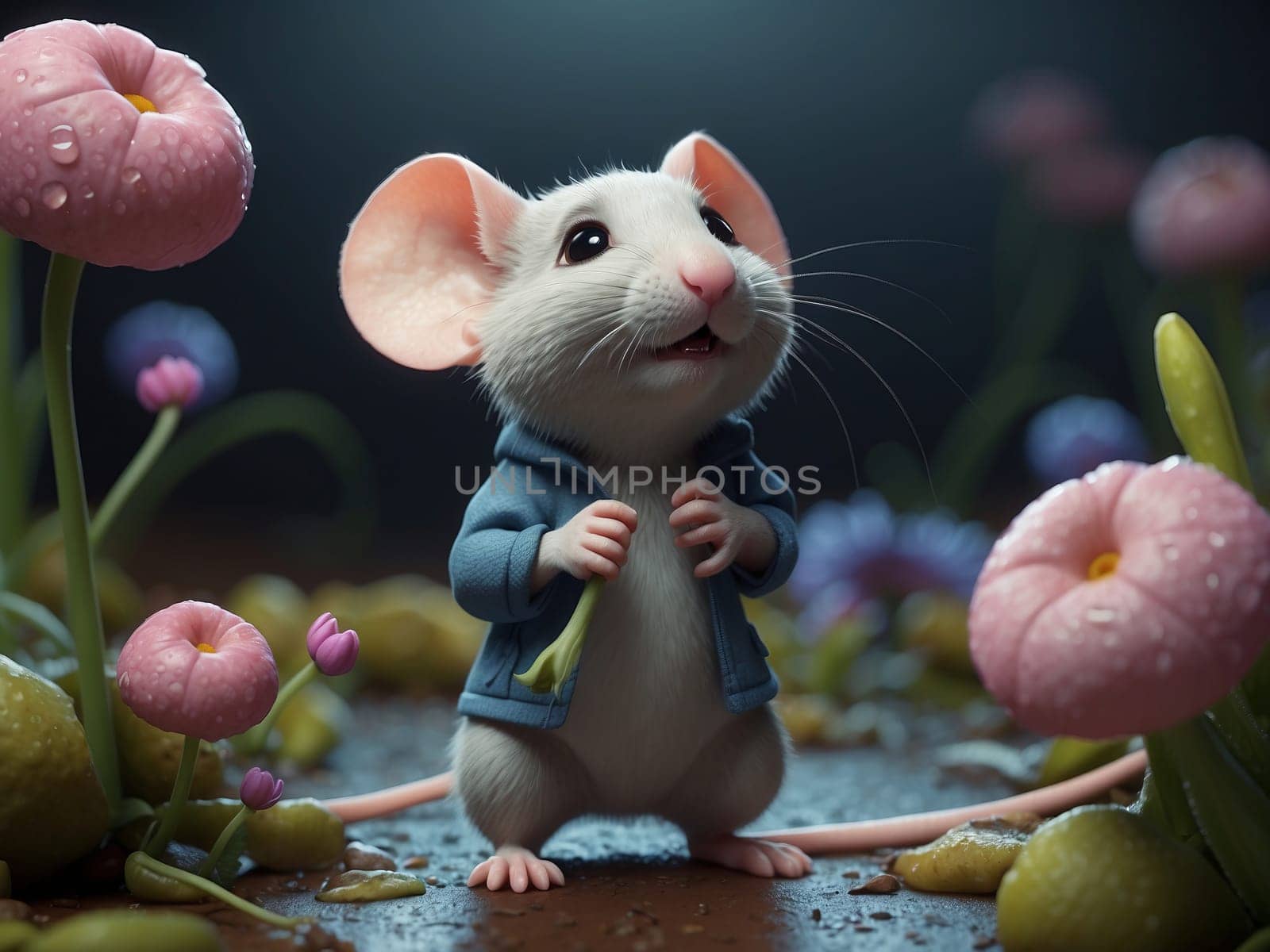 Cute little mouse standing under a flower. AI generated