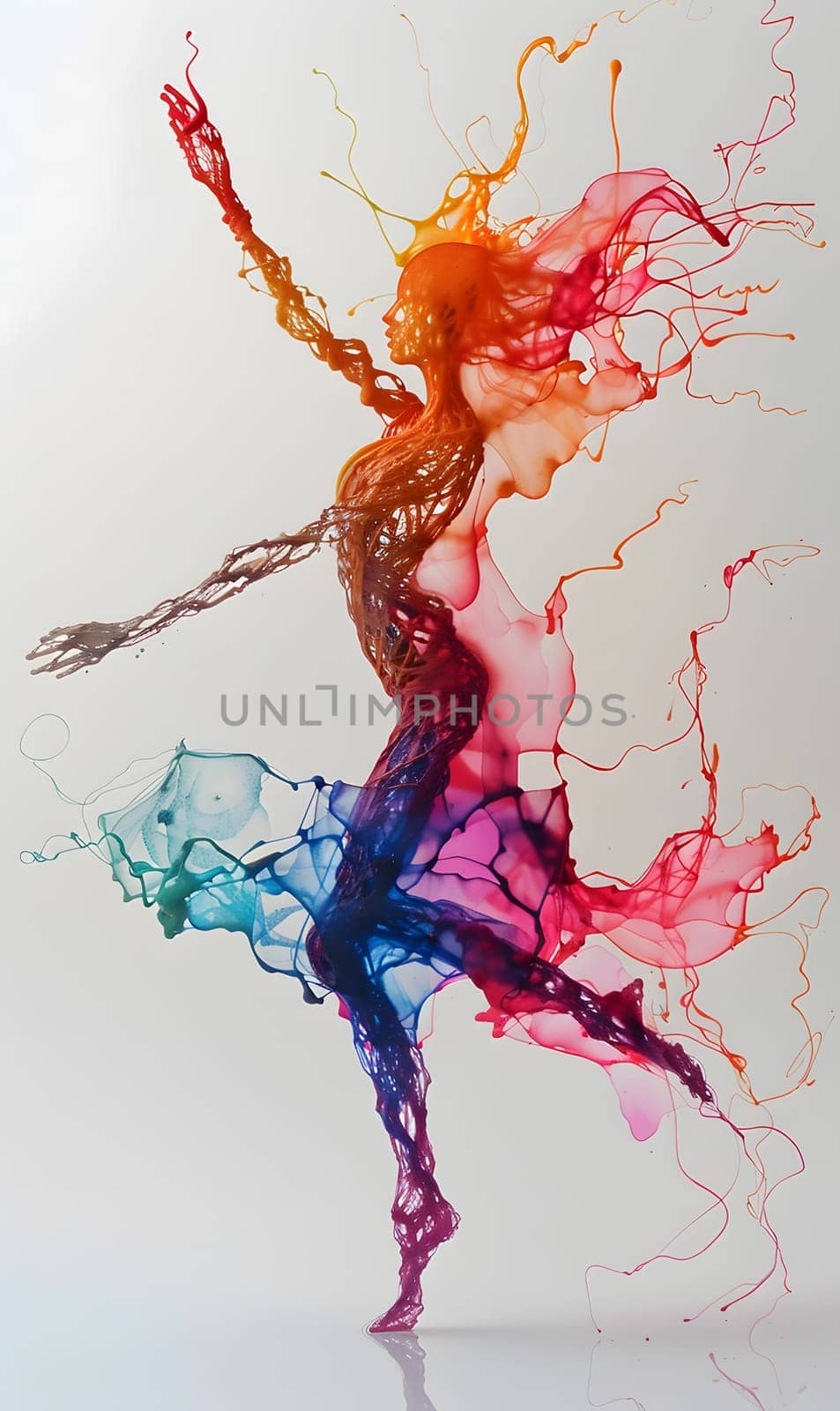 a colorful painting of a woman dancing with paint splashing around her by Nadtochiy