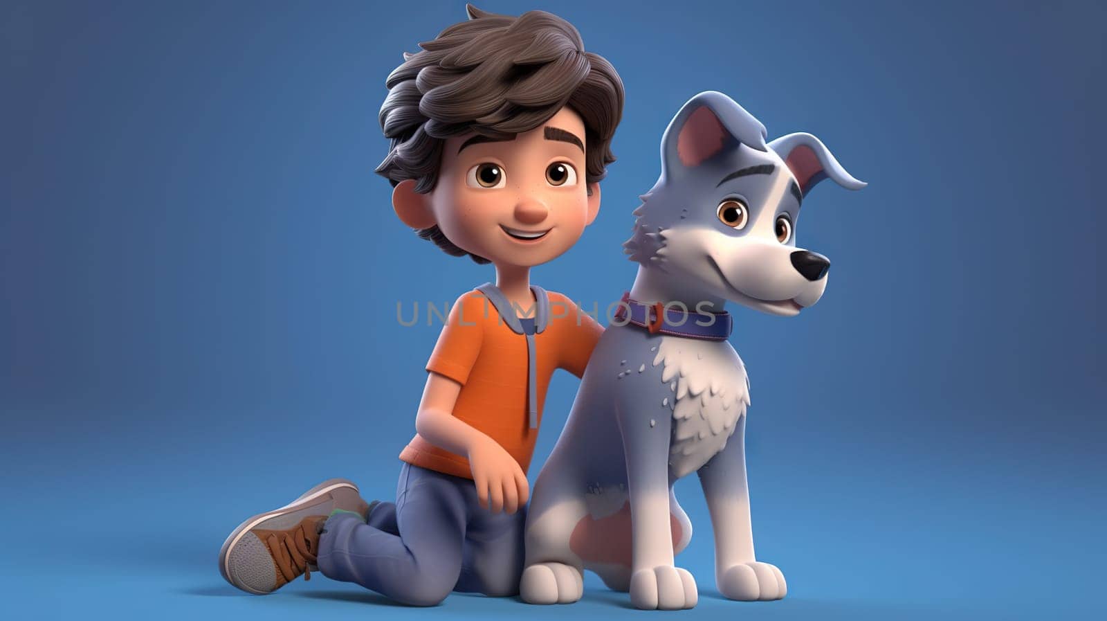 A cheerful cartoon illustration of a young boy with his animated dog friend - generative AI