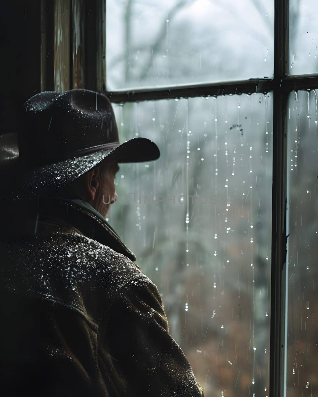 A man in a hat gazes out a tinted window on a rainy day, surrounded by darkness by Nadtochiy