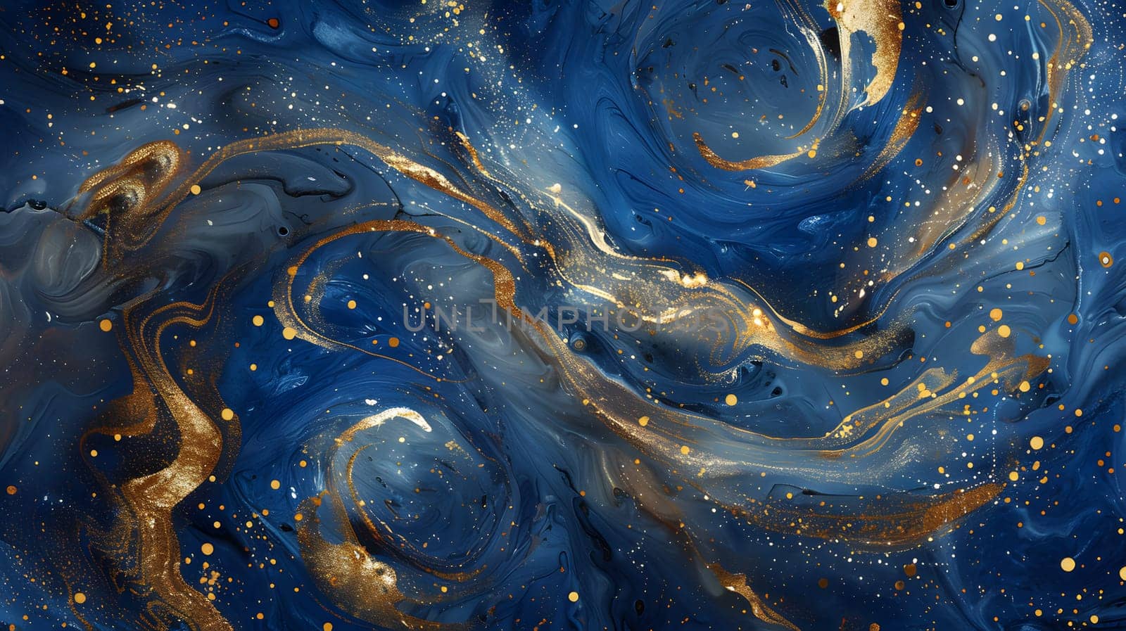 An artistic painting of an electric blue and gold marble texture with swirling patterns resembling wind waves and stars, creating an astronomical object within a fluid circle