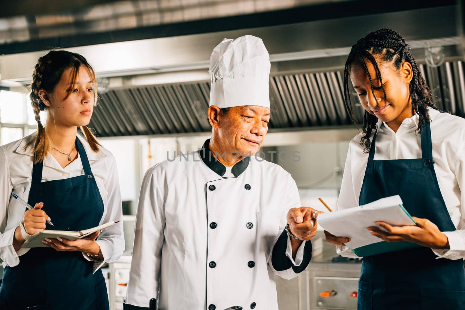 In a restaurant kitchen senior Asian chef educates multiracial students. Emphasizing teamwork learning and note-taking. Professional training session. Food Edocation by Sorapop