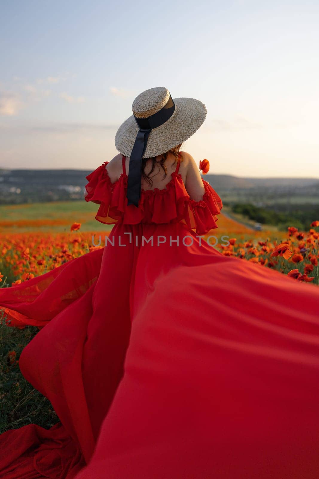 Woman poppy field red dress hat. Happy woman in a long red dress in a beautiful large poppy field. Blond stands with her back posing on a large field of red poppies