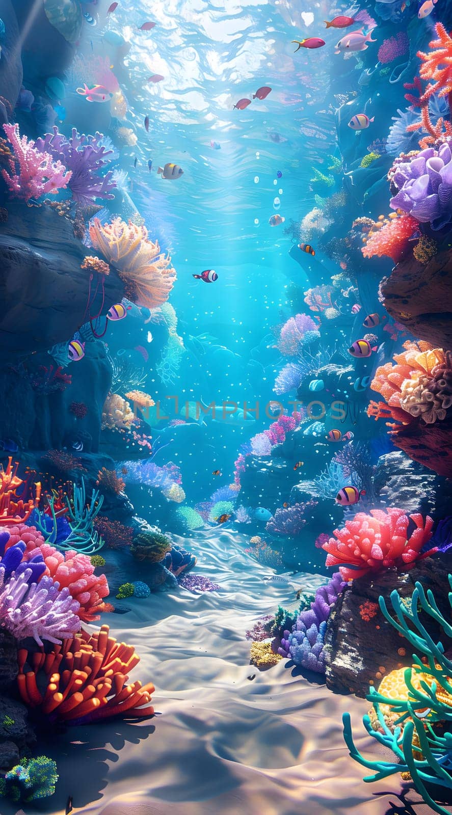 Vibrant coral reef teeming with fish and pink corals underwater by Nadtochiy
