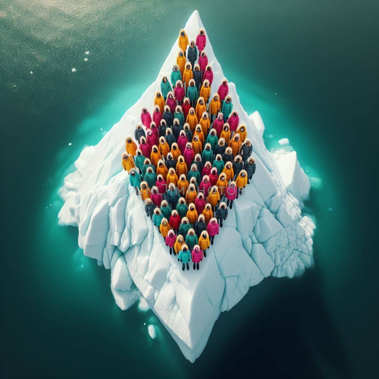 aerial view of group people wearing colorful winter garment standing on a large block of ice in the middle of the ocean. AI generated