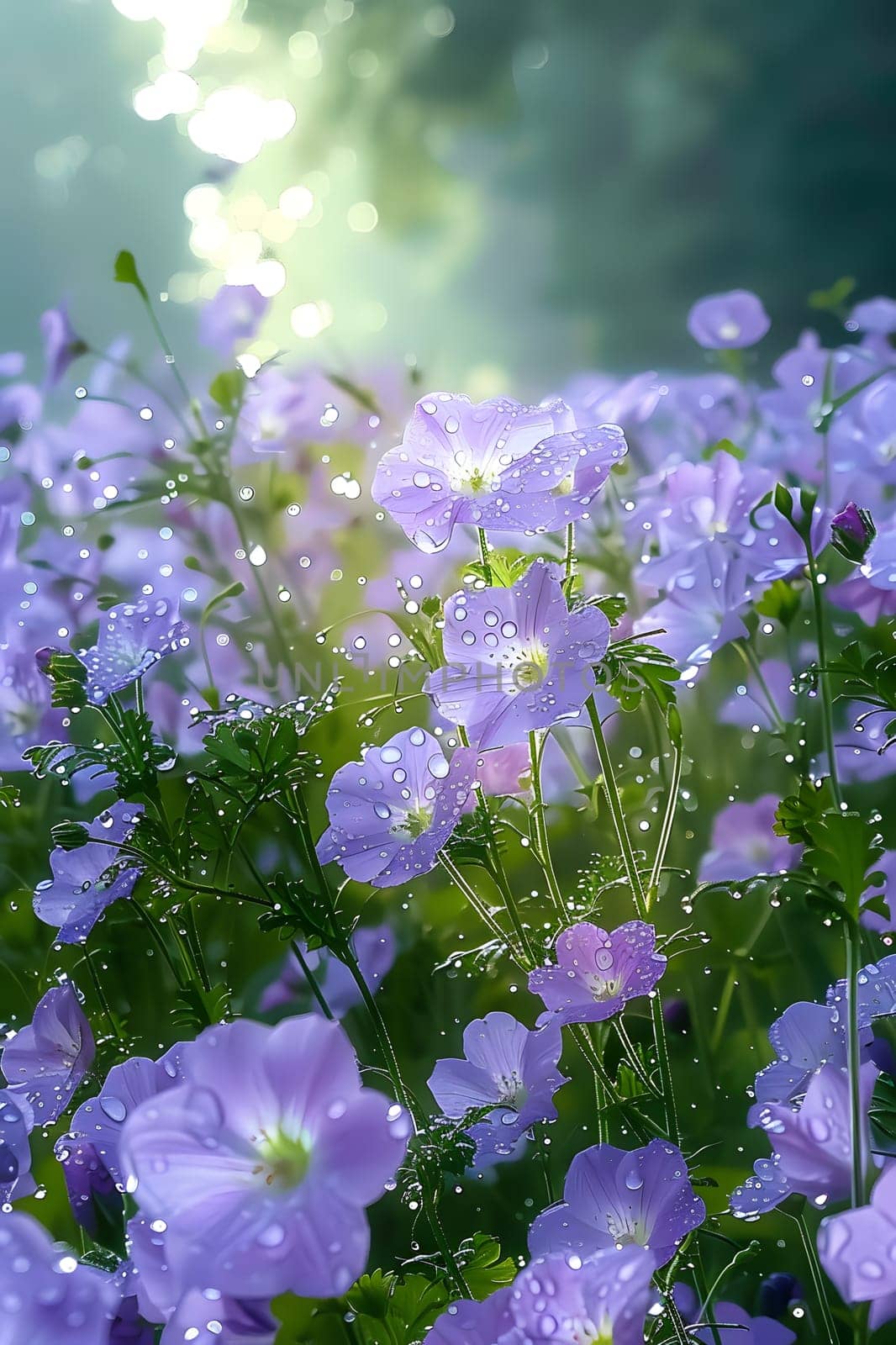Purple flowers with dewy petals in a lush groundcover by Nadtochiy