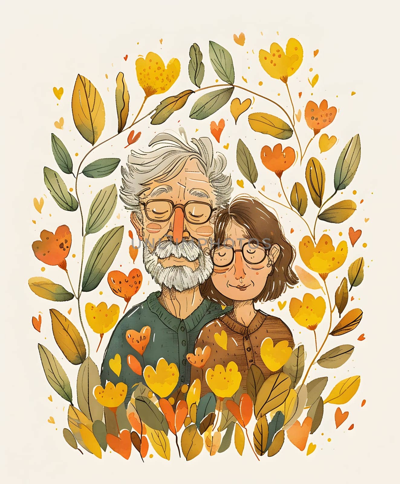 an elderly man and a young girl are surrounded by flowers and leaves by Nadtochiy