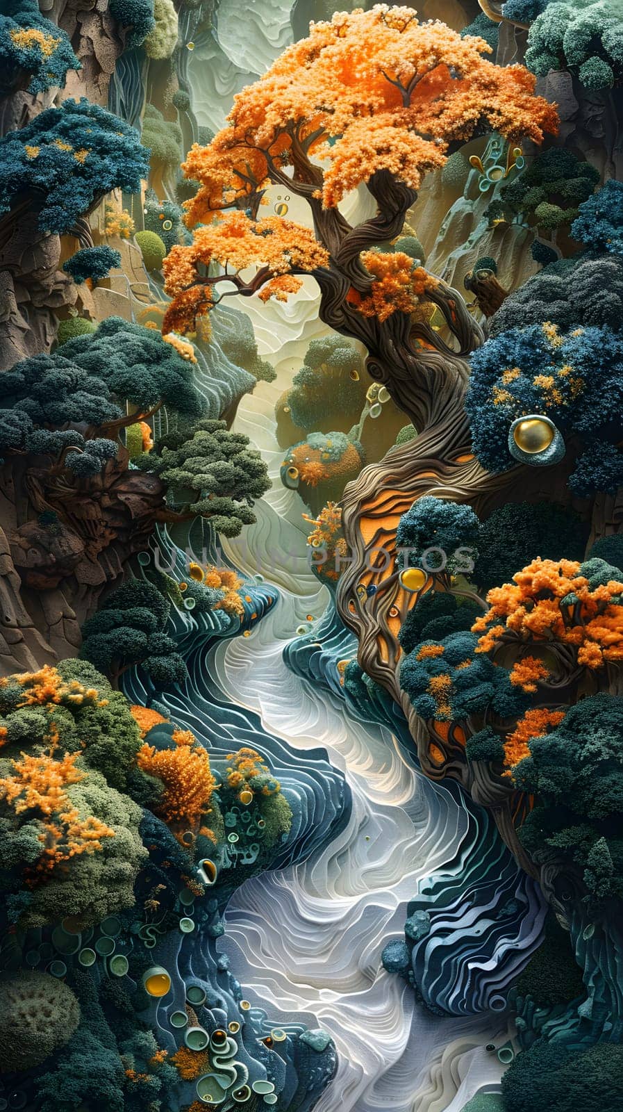 A captivating painting depicting a serene river meandering through a vibrant green forest, capturing the beauty of natural landscape through visual arts