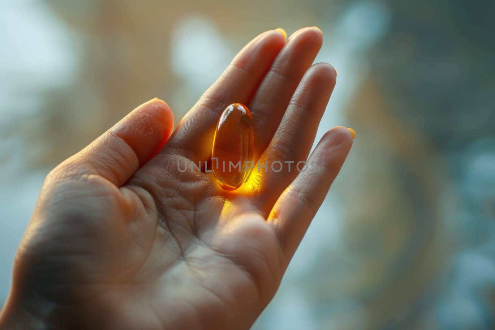 hand woman a Omega 3 oil or Vitamin D capsule tablet, Generative AI. by matamnad