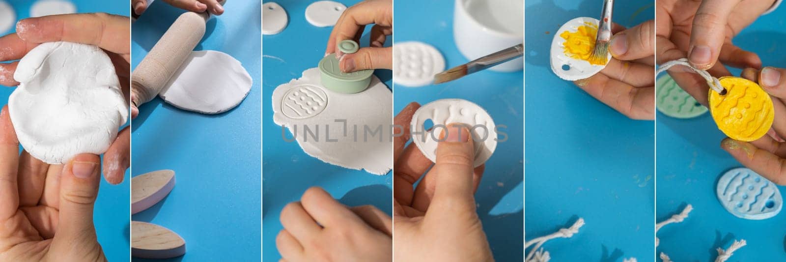 Collage tutorial Children air dry clay activity handicraft idea. DIY process step by step instruction. Preparing for Easter holiday decorating. Modern organic design minimalistic plastic free sustainable decor