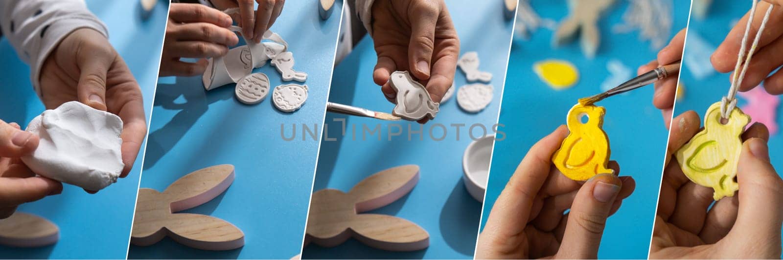Collage tutorial Creator is using white air dry clay for making decor to EASTER holiday. Creating hobby recreation activity that involves fingers. DIY crafting by anna_stasiia