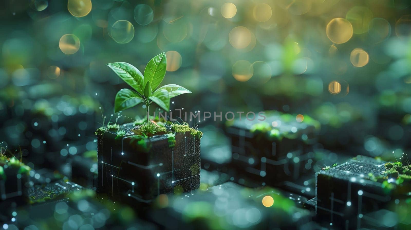 Plant growing from the cubic digital AI. Ecology and environment concept.ai generative by matamnad