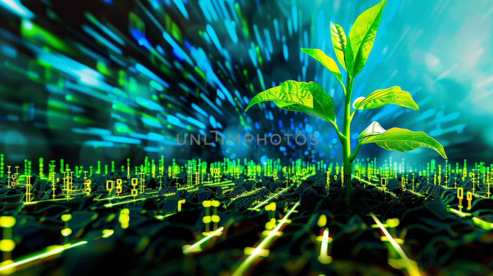 Plant growing from digital AI network . Ecology and environment concept.ai generative by matamnad