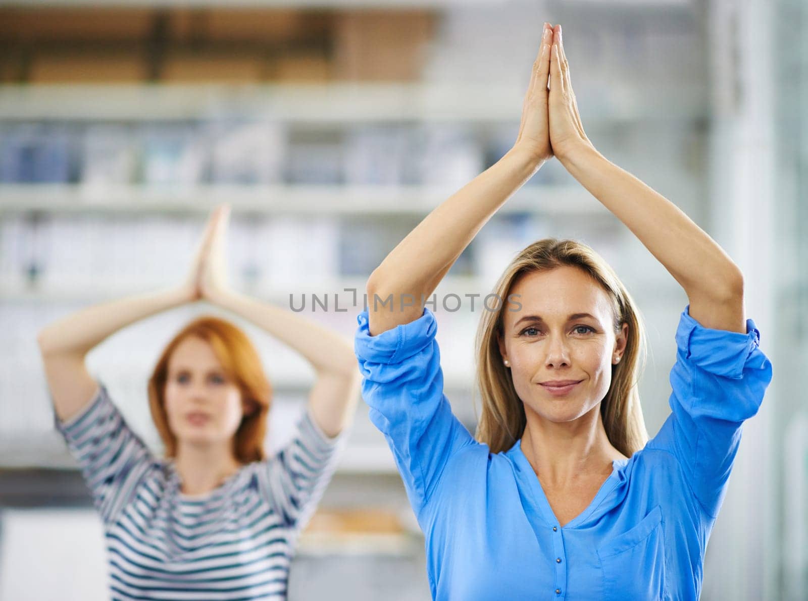 Business woman, portrait and yoga in office, meditation and spiritual awareness on break. Female person, professional and mindfulness with pilates or namaste pose in workplace, zen and calm at agency.