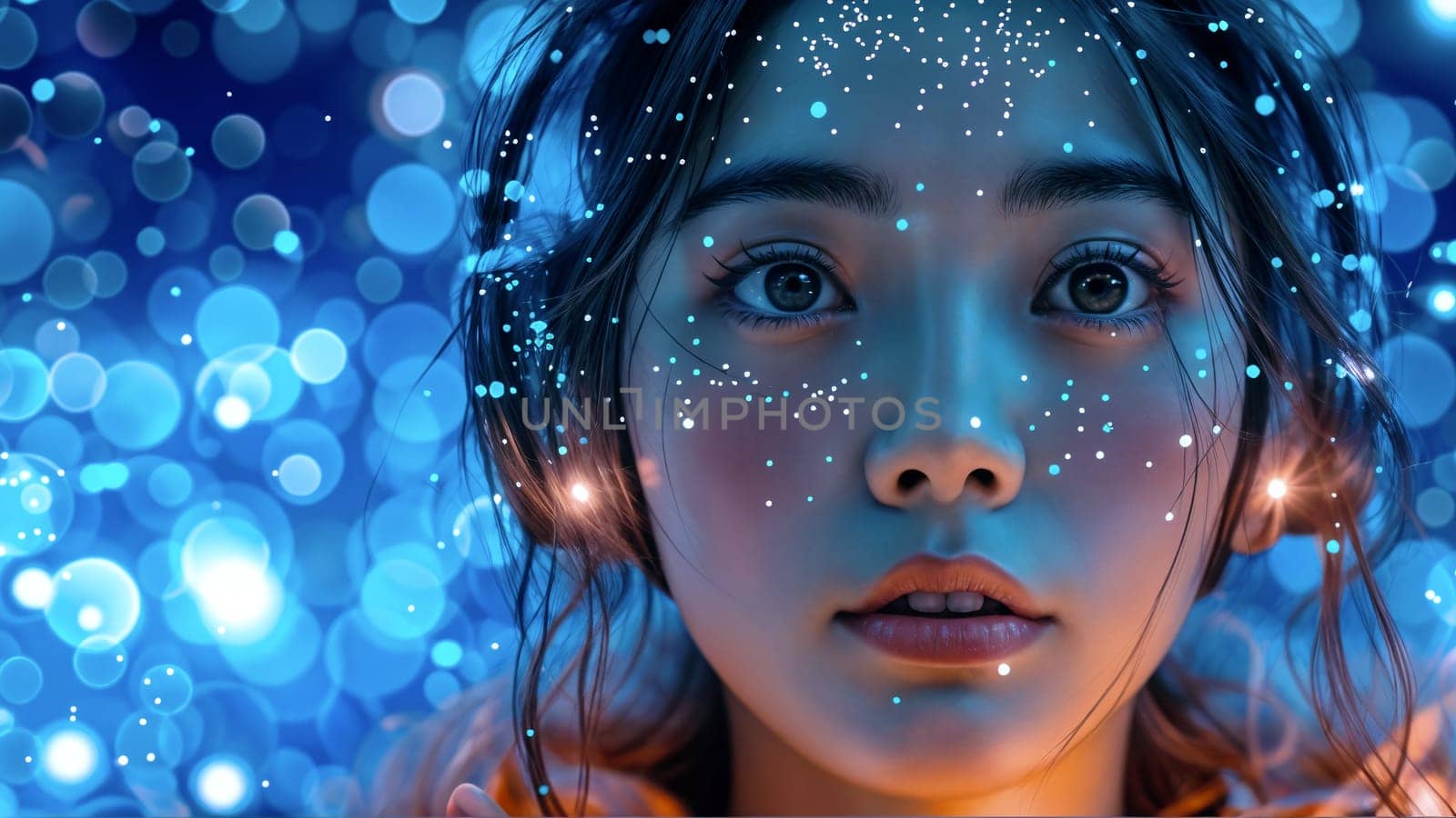 aptivated young woman with headphones on, immersed in her music, surrounded by a mesmerizing backdrop of glowing particles and sparkling blue lights - Generative AI