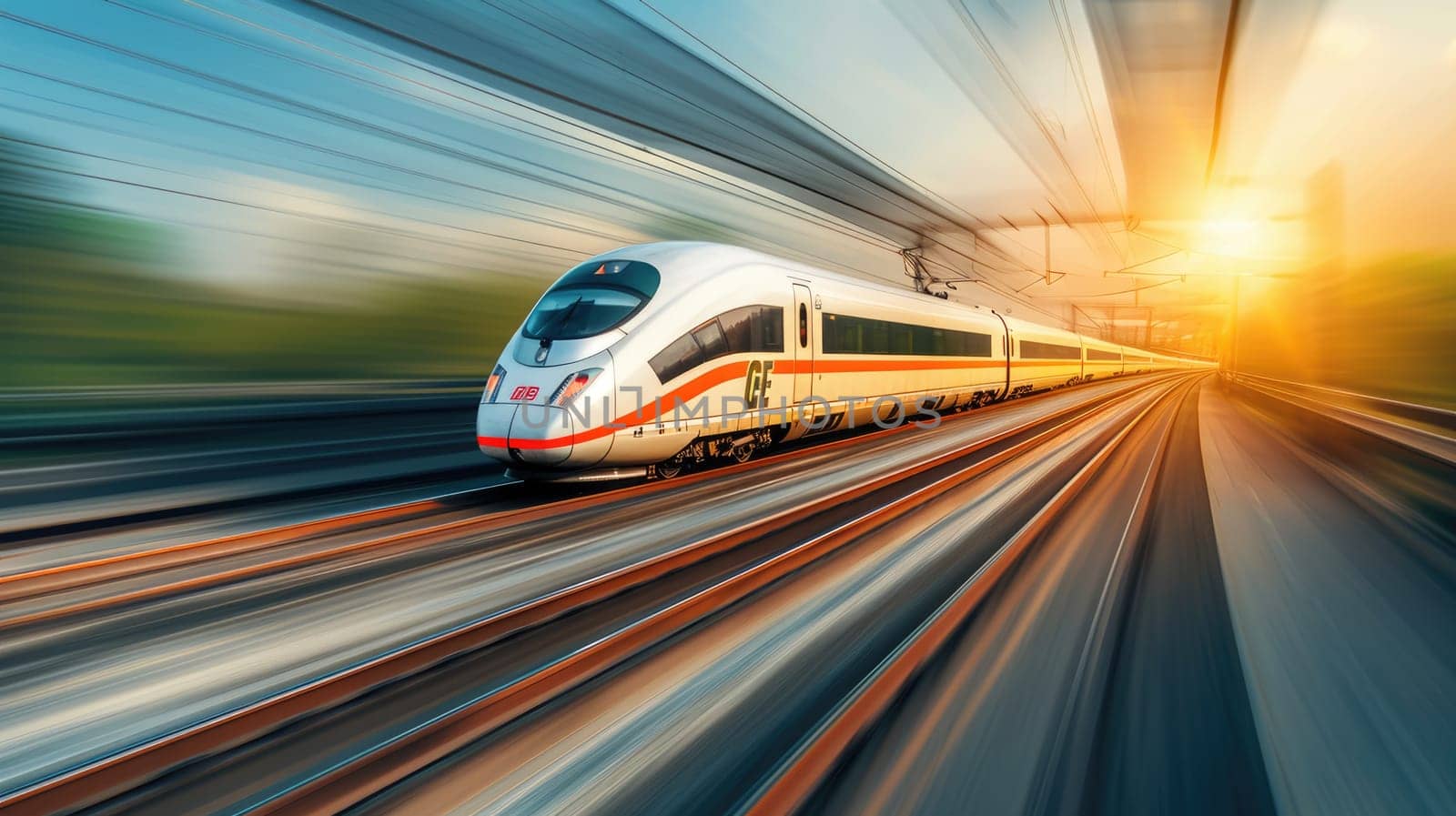 A high-speed train zooming through a scenic countryside, modern design, motion blur, representing speed and modern transportation. Resplendent.