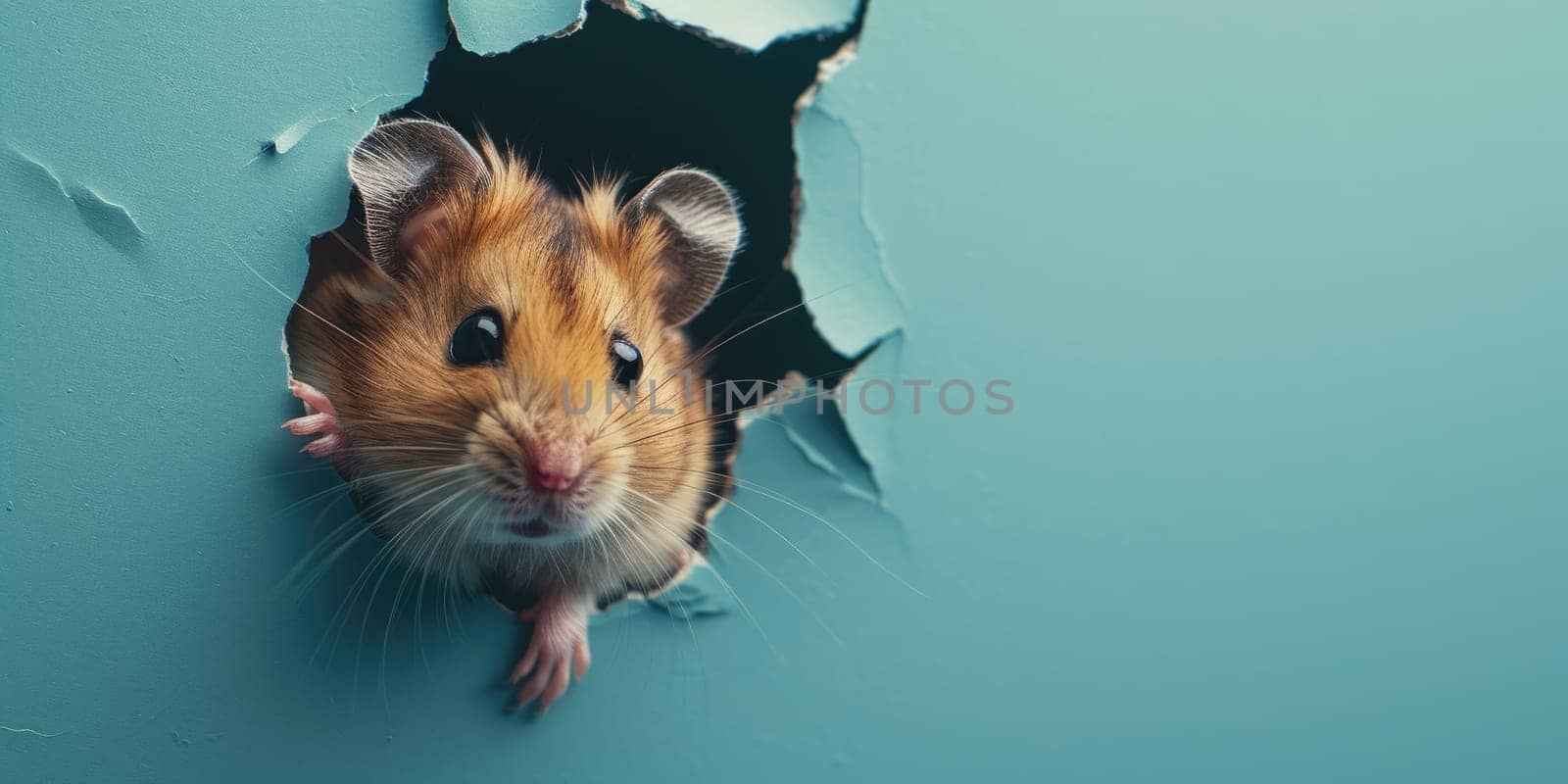 Zoom in picture of breaking blue wall and a hamster in hollow blue hole. AIGX03. by biancoblue