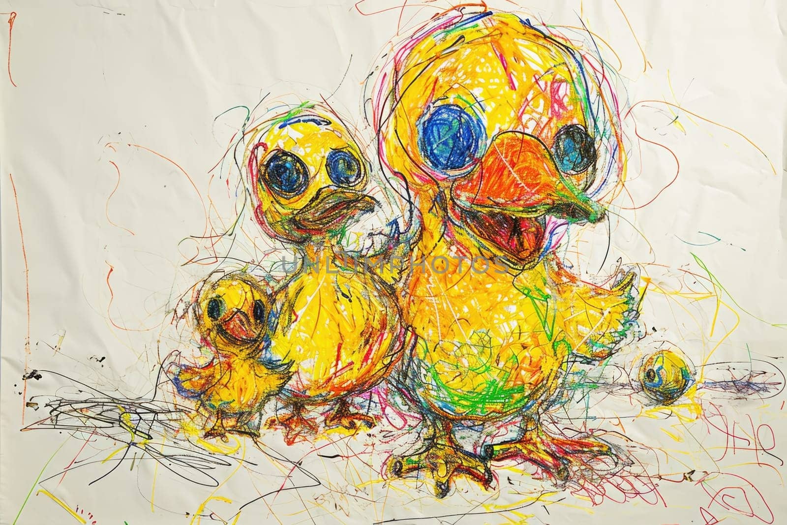 The hand drawing colourful picture of the group of the various type of the duck that has been drawn by the colored pencil or crayon on the white background that seem to be drawn by the child. AIGX01.