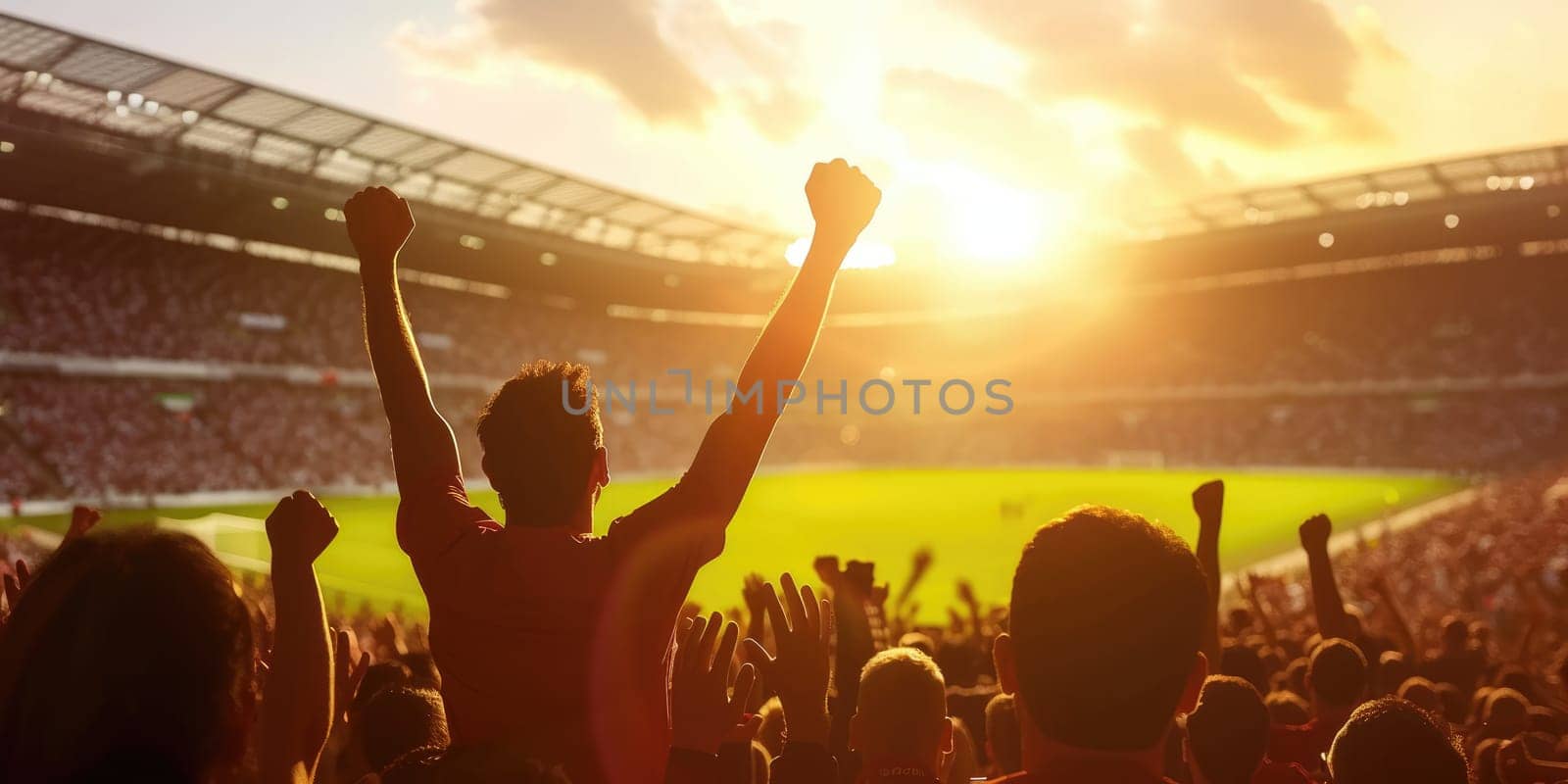 A joyous crowd of fans stands in a stadium, raising their arms in the air, under the morning sky filled with clouds, amidst the lush green grass, rejoicing in nature's embrace! AIG41