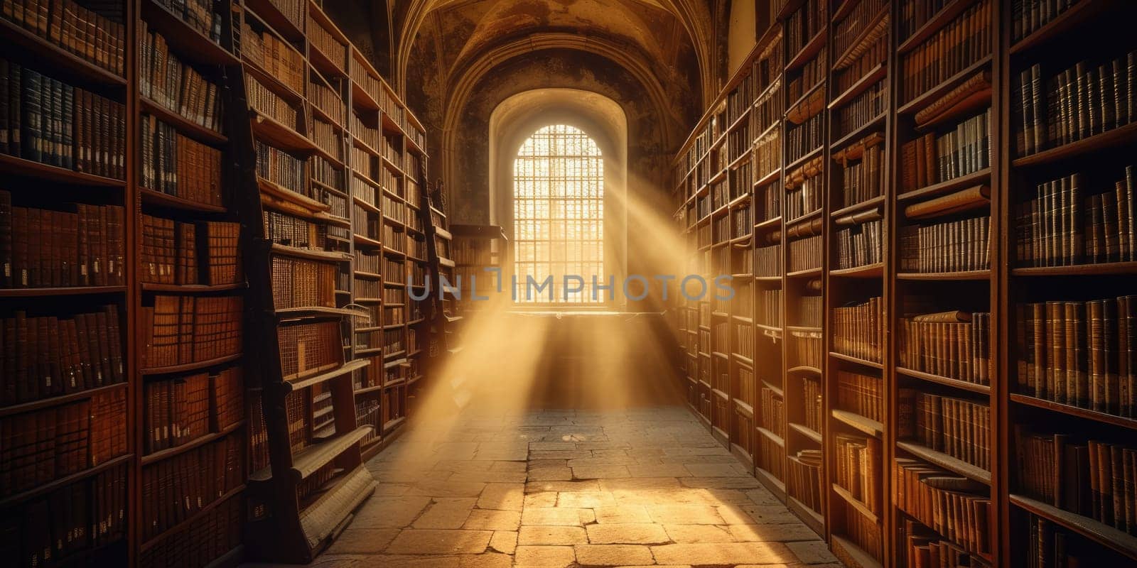 Majestic rays of sunlight beam through a stained glass window, illuminating the dusty shelves of ancient books in a historic library. Resplendent.