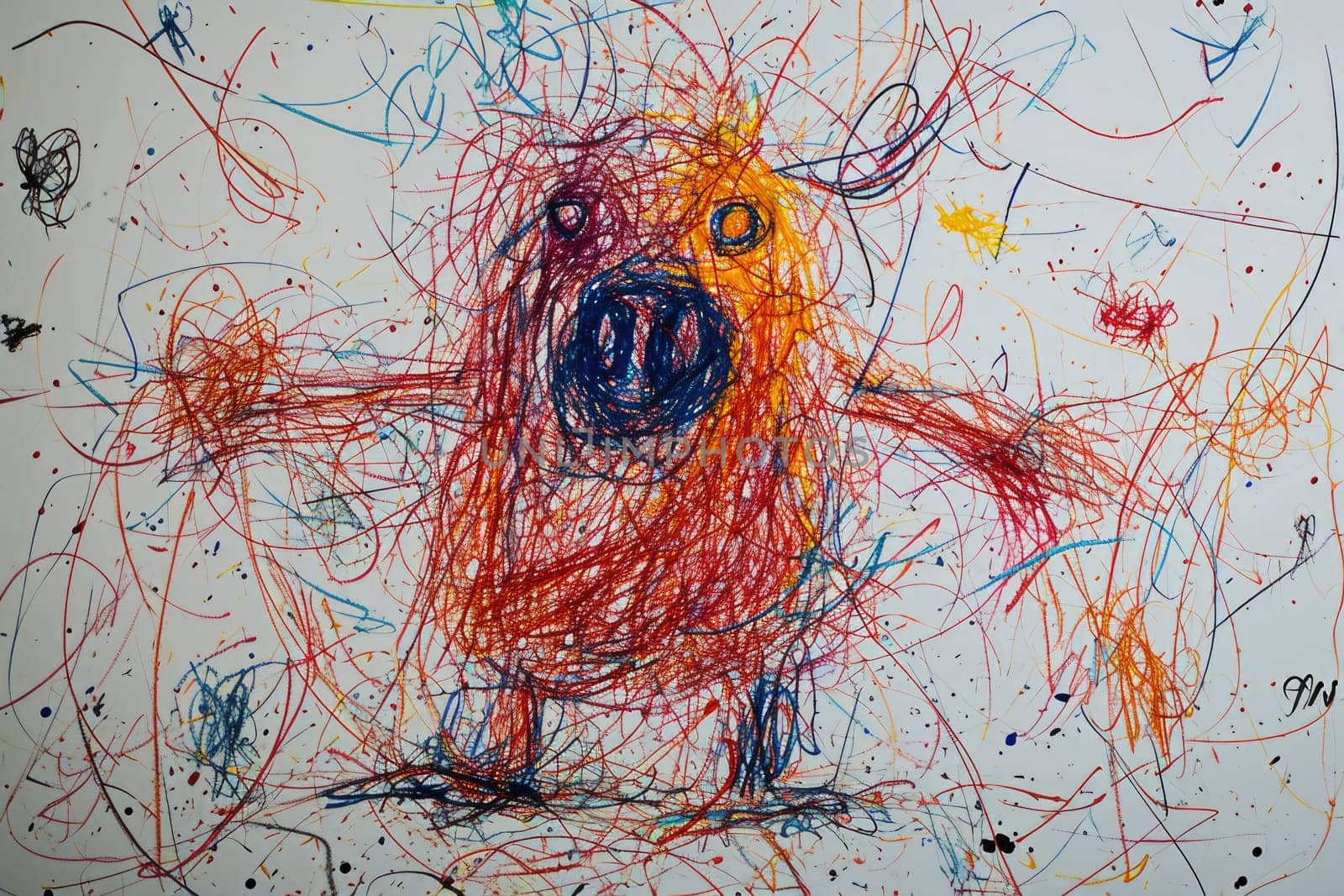 The hand drawing colourful picture of the pig that has been drawn by the colored pencil, crayon or chalk on the white blank background that seem to be drawn by the child that willing to draw. AIGX01.